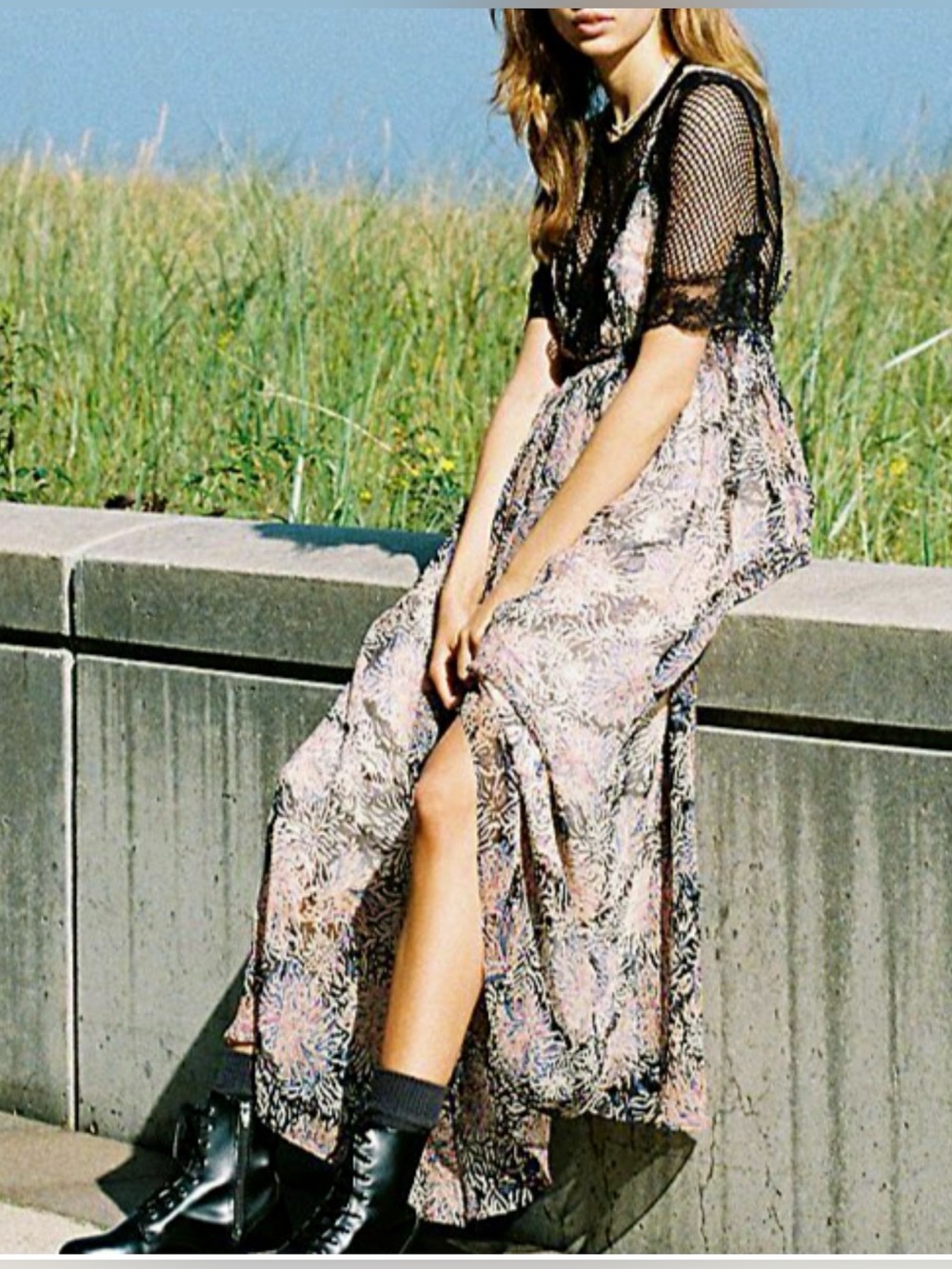 Free People Sheer Floral Maxi Dress with Black Mesh Back - Picture 4 of 5